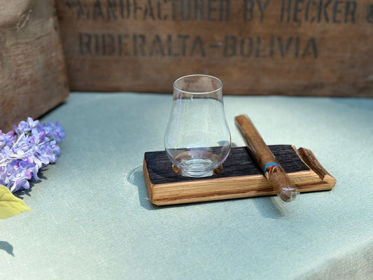 Bourbon Barrel Stave Cigar Rest with Glencairn Glass – Handmade from Authentic Kentucky Oak