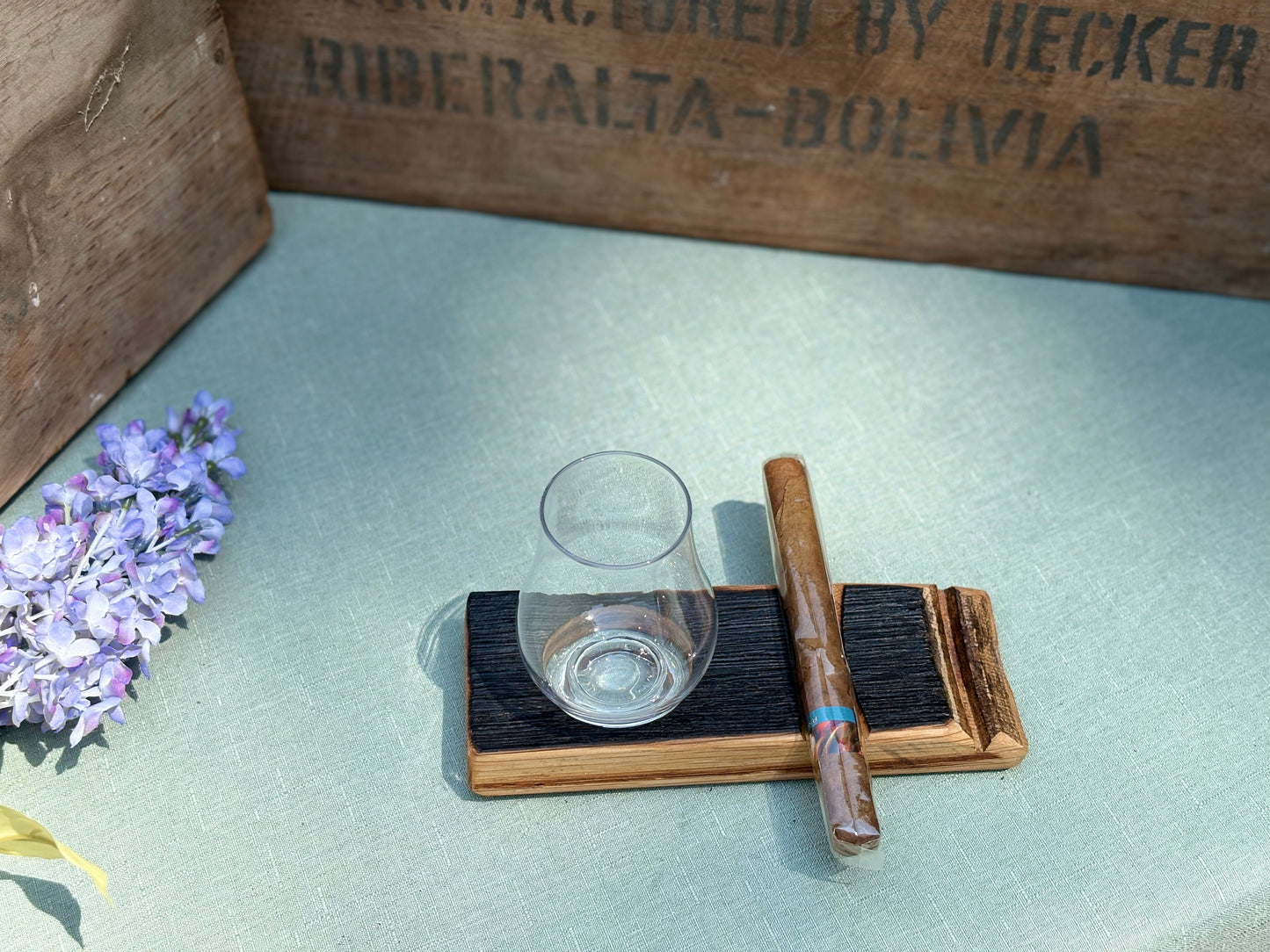 Bourbon Barrel Stave Cigar Rest with Glencairn Glass – Handmade from Authentic Kentucky Oak